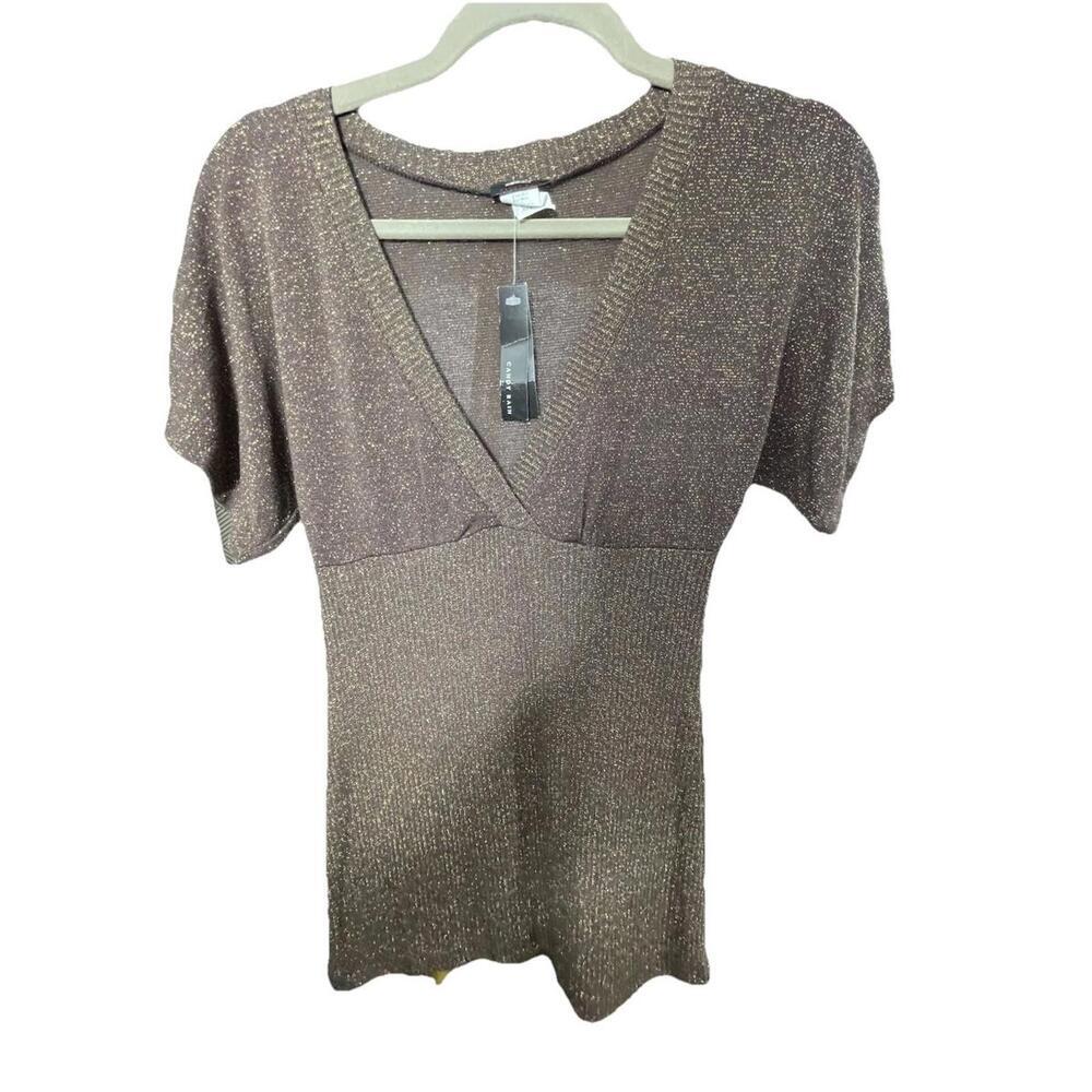 NWT Candy Rain Women’s Brown Shimmery Pull over V-Neck Short Sleeve Top Sz M